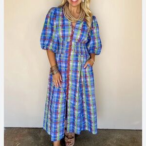 Fate Blue Checkered Plaid Midi Zip Dress NWOT